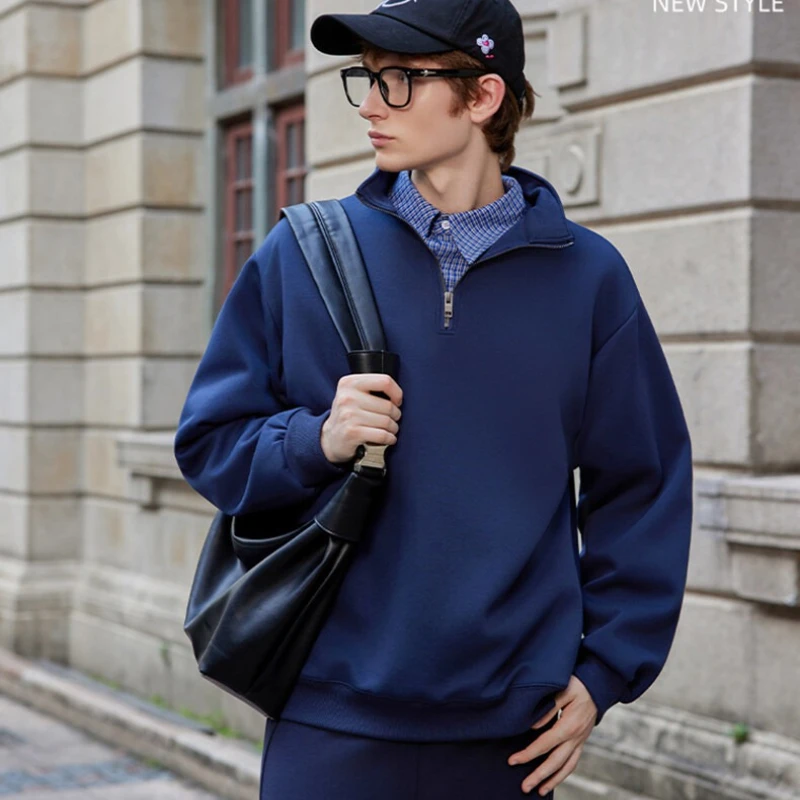 بلوفر بغطاء للرأس بنصف سحاب بلون سادة 72% قطن، مسامي وممتص للعرق، ملابس غير رسمية يومية سميكة للرياضة والدفء