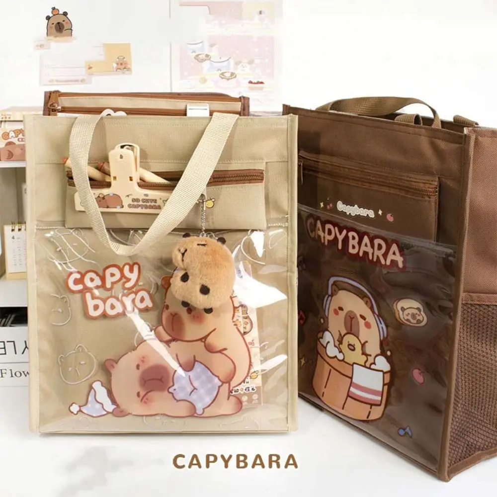 Capybara-bolsos ligeros de lona reutilizables con bolsillo transparente, bolsos de mano, útiles escolares con estuche para lápices