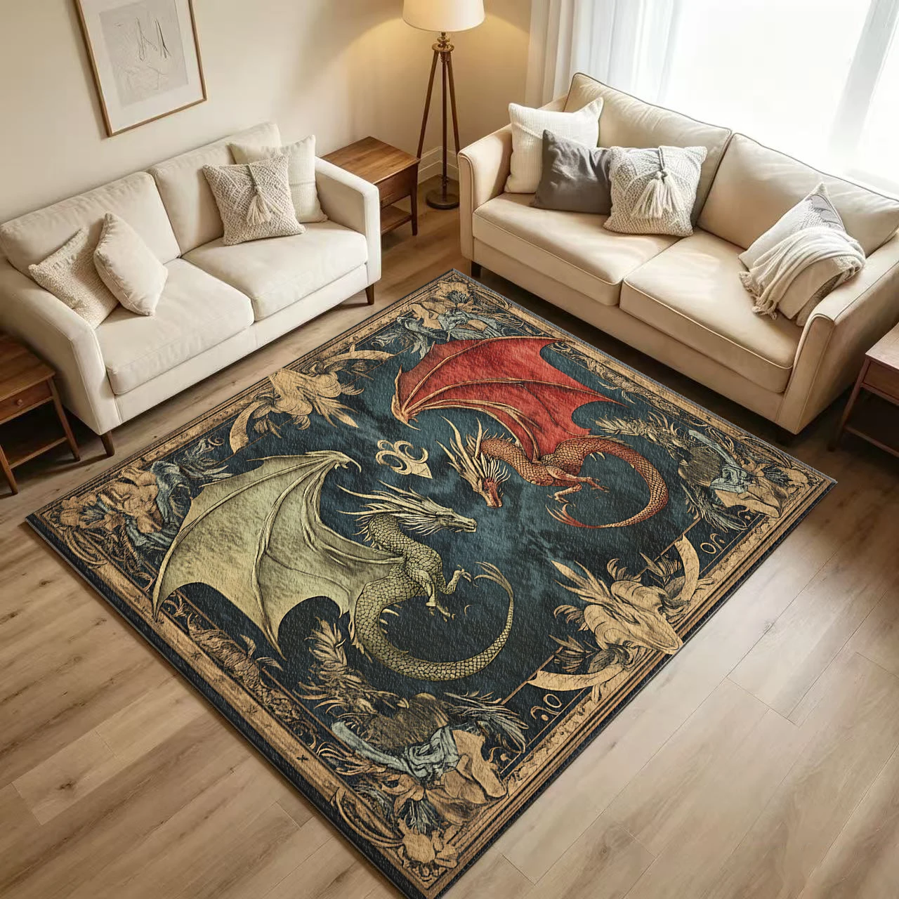 Vintage Medieval Style Two Dragon Pattern Ornate Frame Carpet Non-Slip Washable Floor Rug for Bedroom Game Room Dreamy Home Decor