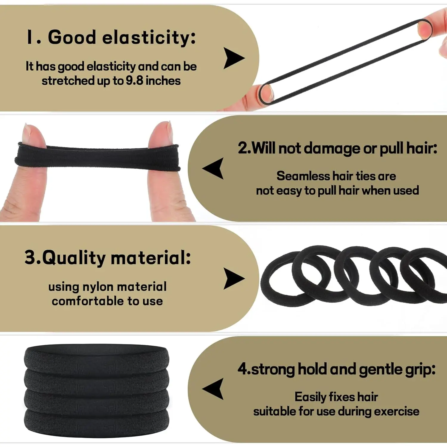 100PCS 4cm Black Hair Ties, Cotton Seamless Ponytail Holders, No Damage Elastics Hair Bands for Thick Heavy &Curly Hair