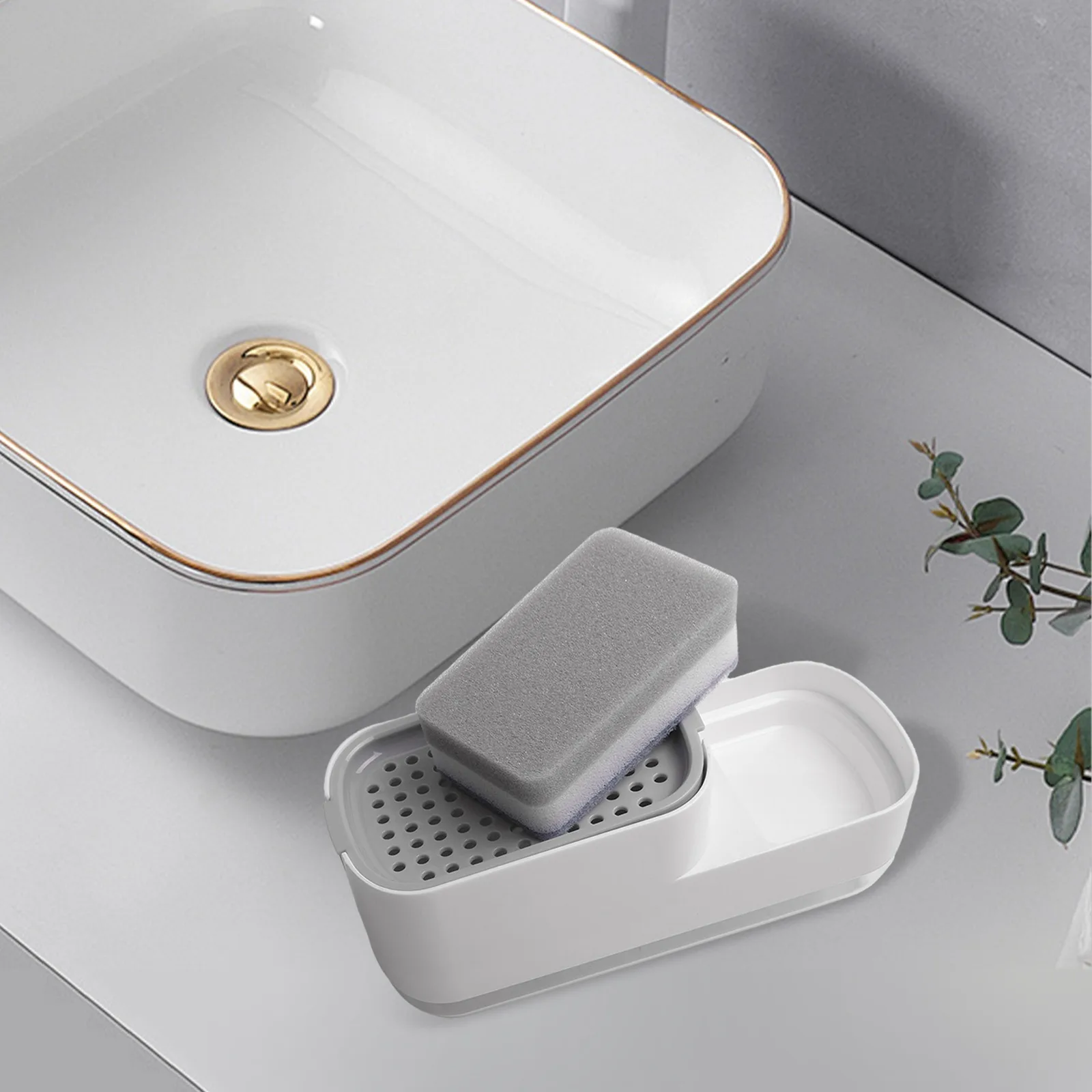 

Dish Soap Dispenser and Sponge Holder for Kitchen Sink Countertop with Double Layer Drainage and Easy Cleaning