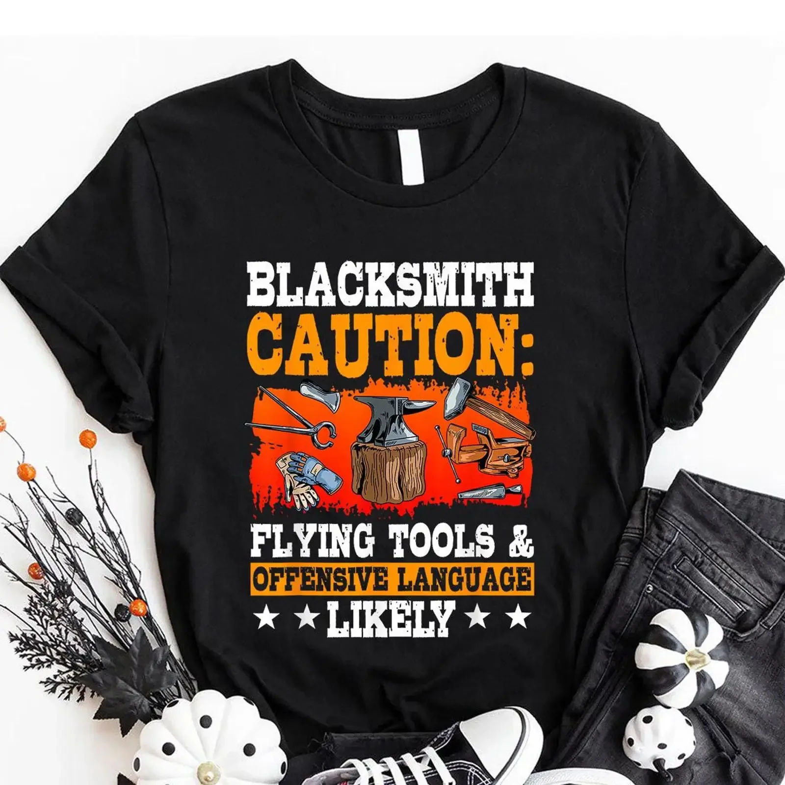 Blacksmith Caution Flying Tools Funny For Machinist Metalworker Forge Anvil Casual T Shirt vintage Washed Comfortable Stretched