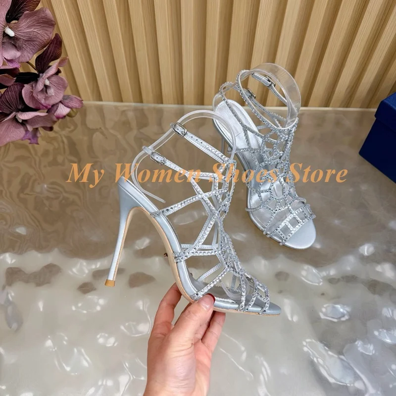 Sandali Crystal Silver Cut-Out con Tacco a Spillo Sottile e Cinturino alla Caviglia, Scarpe Eleganti da Donna Estive 2026