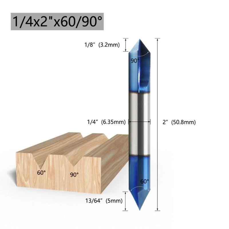 

1/4Inch Shank Double Ended V Grooves Bit Metal Cutting Drill For Accurate Woodworking With 60° And 90° Angles