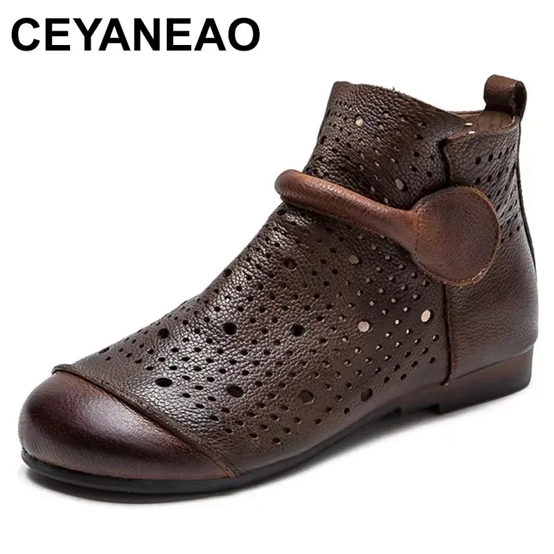 

2025 Spring New Genuine Leather Hollow-out Boots Retro Round Toe Breathable Sandals Versatile Women Flat Shoes