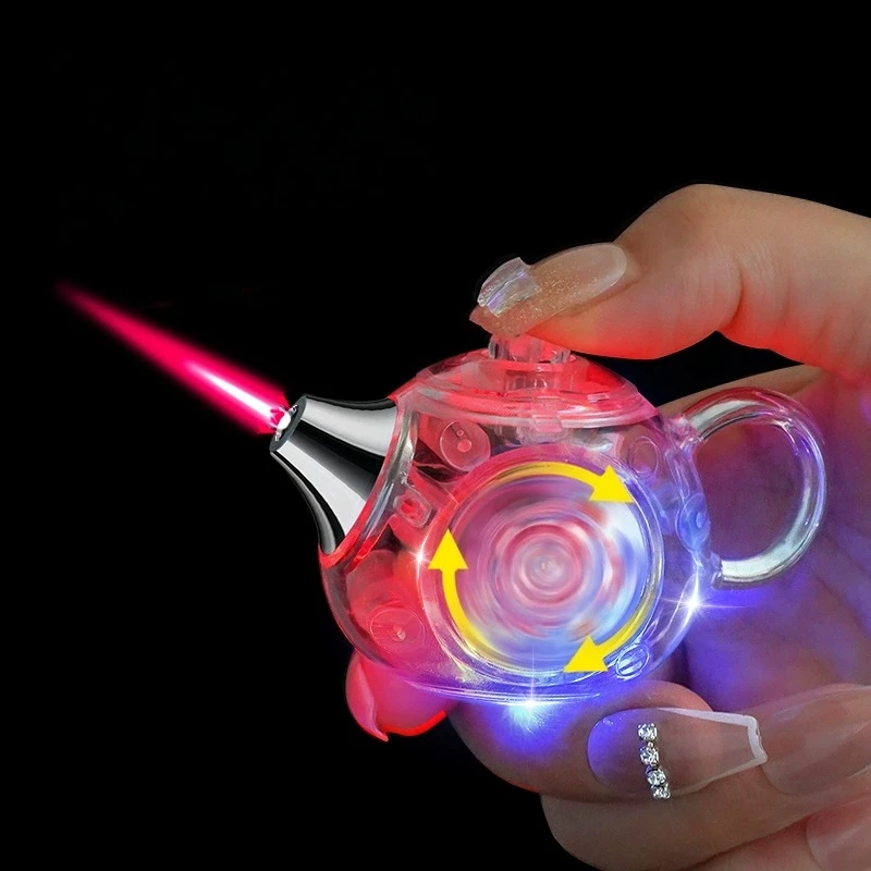 New Transparent Flash Inflatable Lighter Mini Rotating Teapot Windproof Direct Spray Red Flame Butane Gas Outdoor Lighter Gift