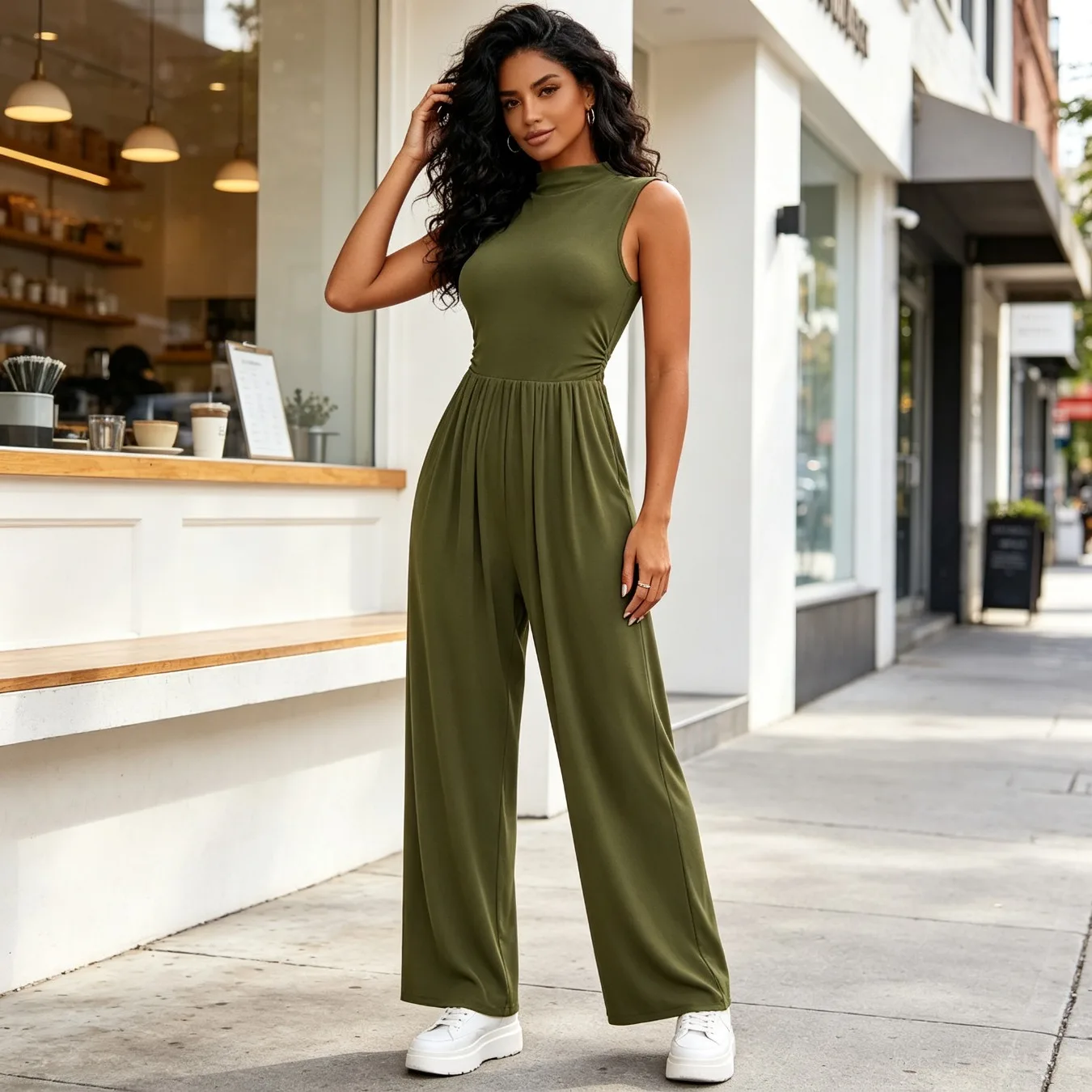 High Waist Sleeveless Stand Collar Solid Jumpsuit Uniform With Side Pockets Comfort Workwear For Clinic Students Class