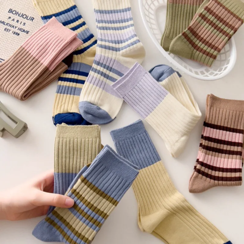 

High Quality Cotton Knitting Women Socks Korean Style Vintage Long Socks Multicolor Striped School Girls Skateboard Sports Socks