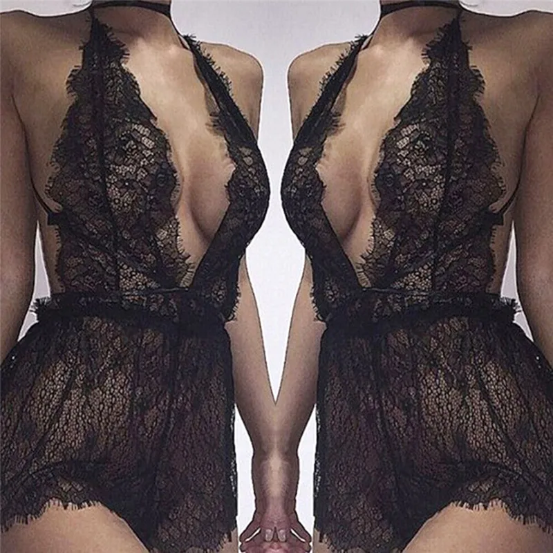 Sexy Teddy Underwear Baby Doll Dress For Women Black Lace Transparent deep v Open Crotch Porn Costumes Bodysuit Erotic Lingerie