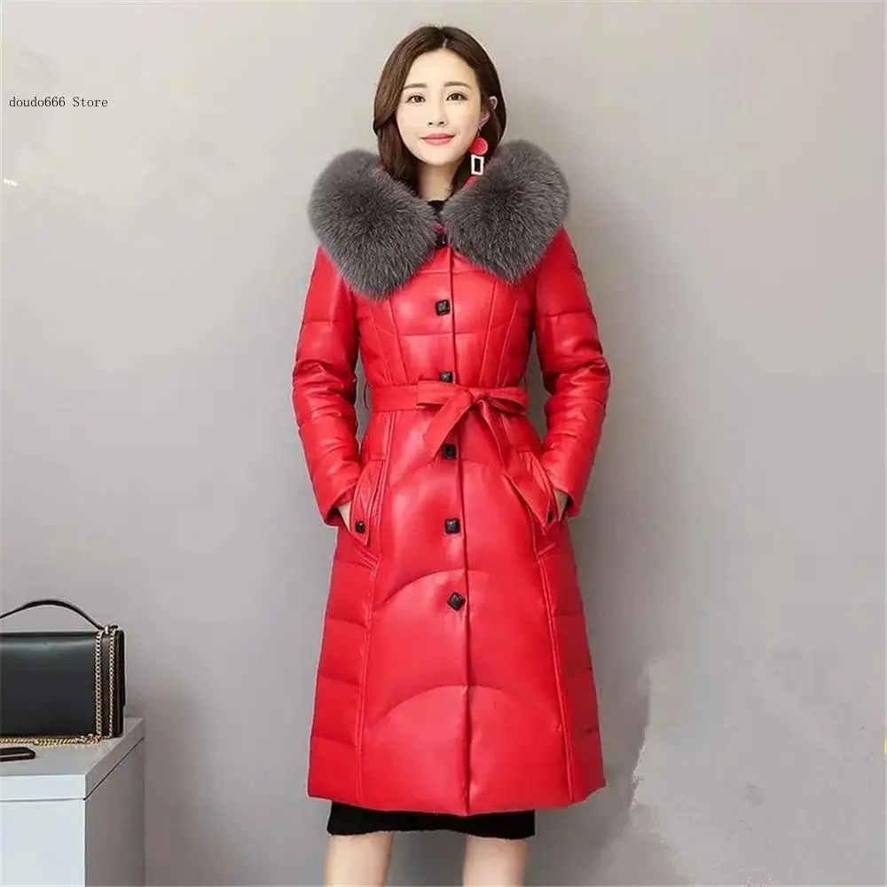 Mid-Length Hooded Cotton Thick Pu Leather Jacket Pu Leather Coat Fur Imitation Fox Fur Collar Women's Jacket