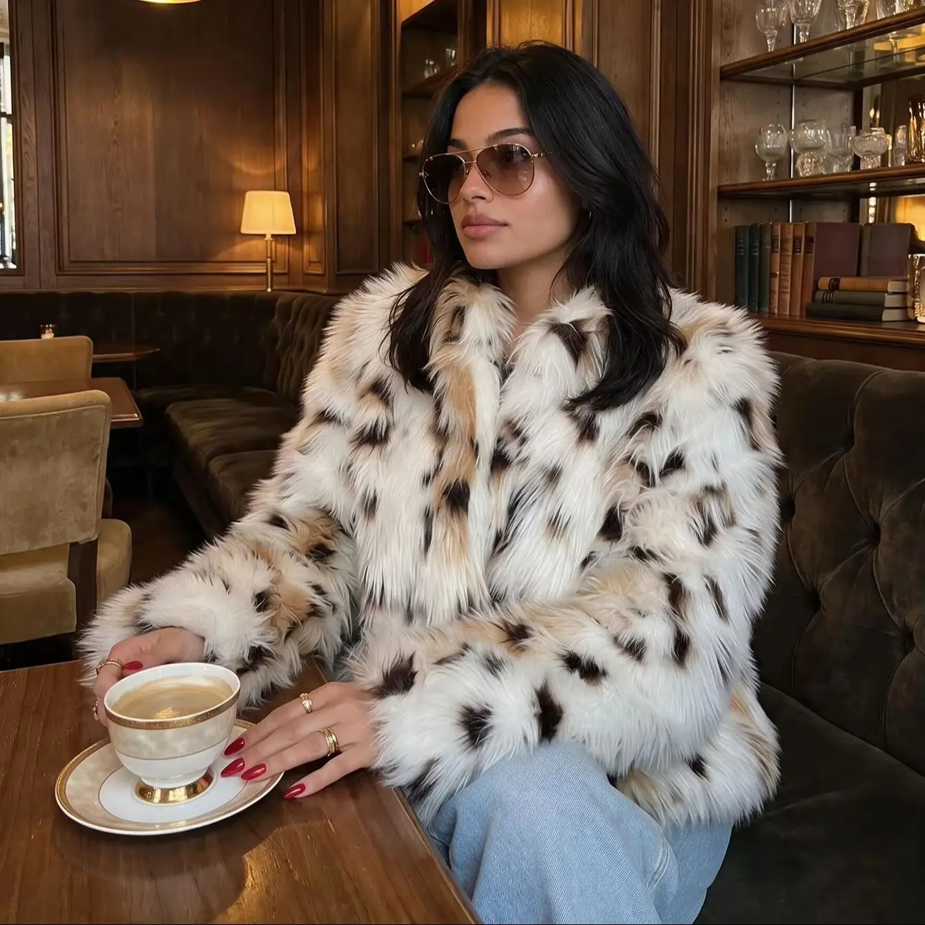 Women Winter Faux Fur Coat Snow Leopard Print Fluffy Short White Warm 2026 New Y2K Old Money Streetwear Outerwear