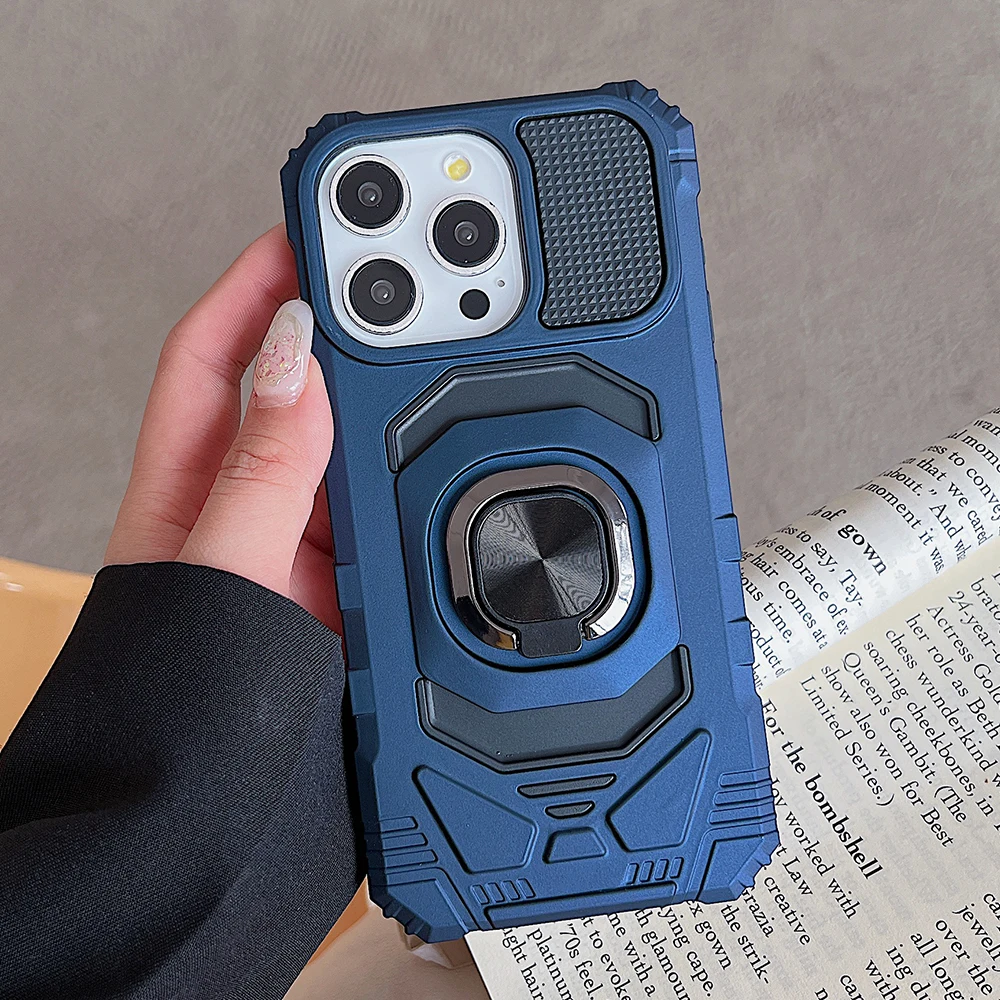 shockproof rugged metal ring bracket hard phone case for iPhone 15 14 13 12 11 Pro Max car phone holder scratch-proof back cover