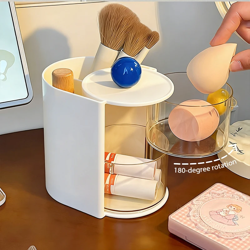 2-in-1 Rotatable Makeup Brushes Storage Multi Layer Dust Proof Rotary Storage Lipstick Makeup Cotton Powder Puff Storage Rack