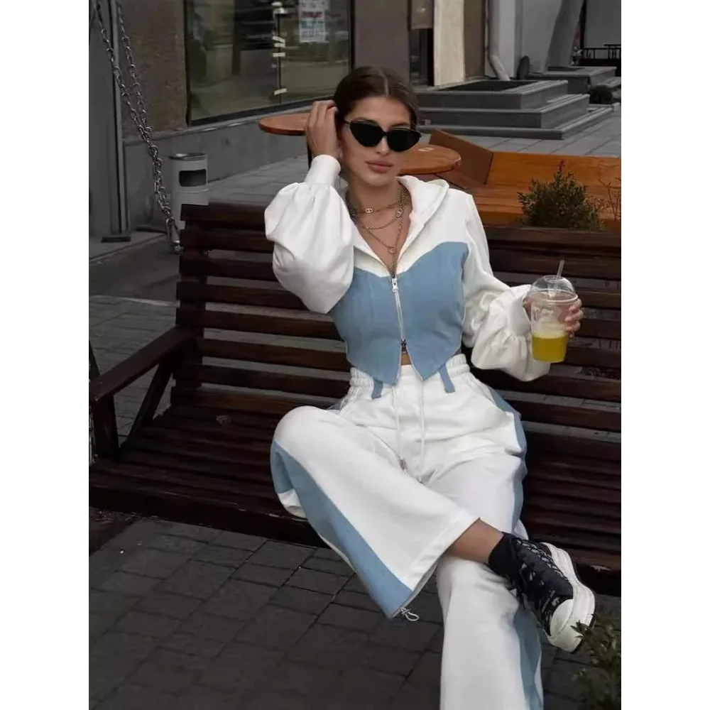 

2026 Women Slim Zipper Short Hooded Coats Lace Up Lady Wide Leg Pant Spring Fashion Tracksuit Casual Contrast Hoodies Pants Sets