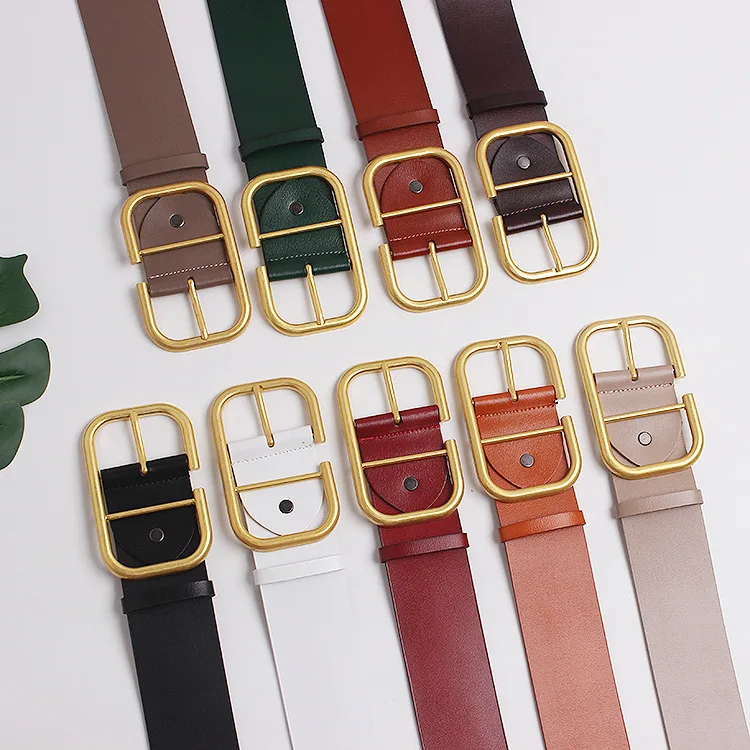 New Fashion Real Leather Wide Belt For Women Gold metal Square Buckle Pin Buckle Jeans Luxury Brand Ladies Vintage  Waistban