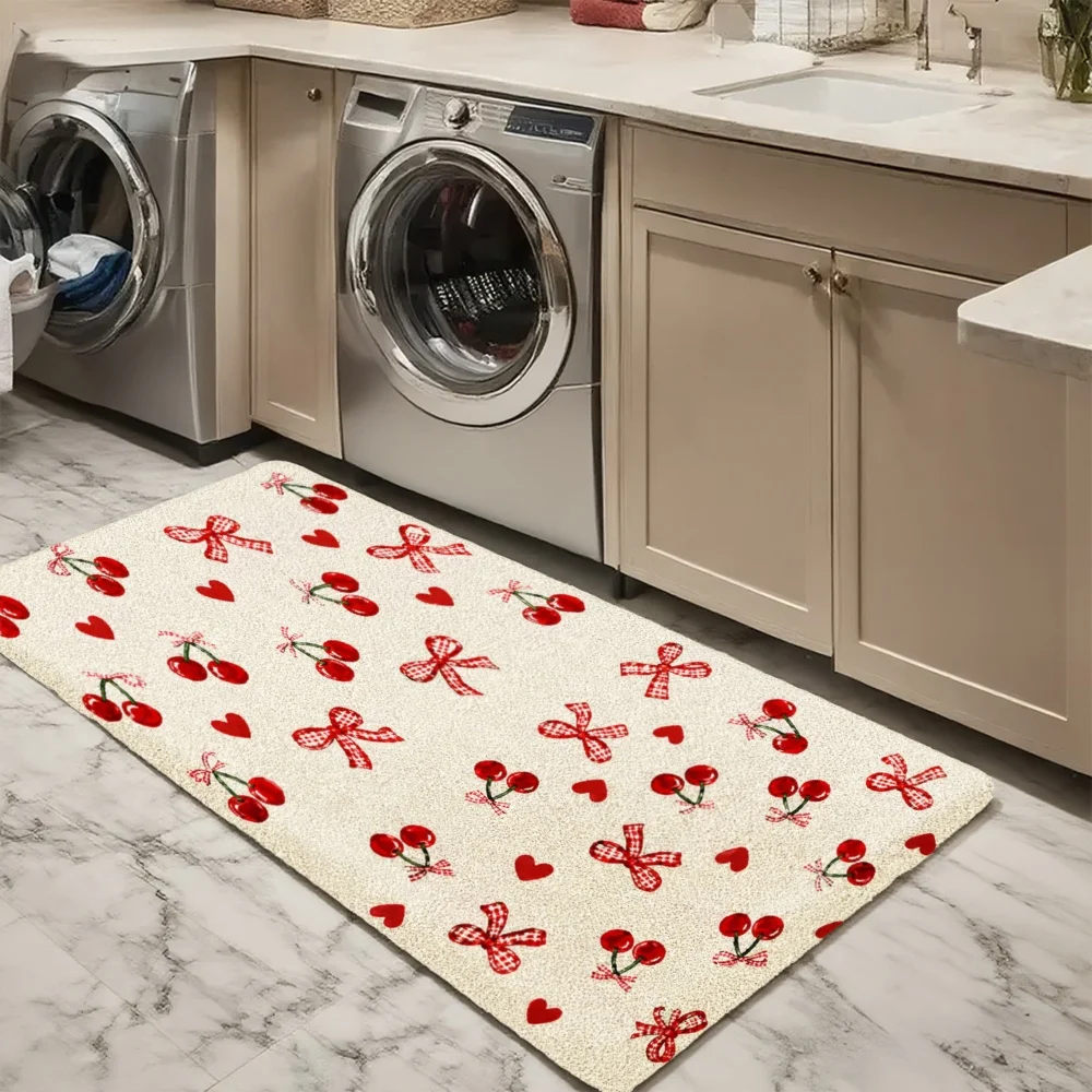 3PCS Mat Set,  Home Decoration for Front Door, Kitchen,  Cherry Bow Pattern Print On Cream Background Kitchen Rug.