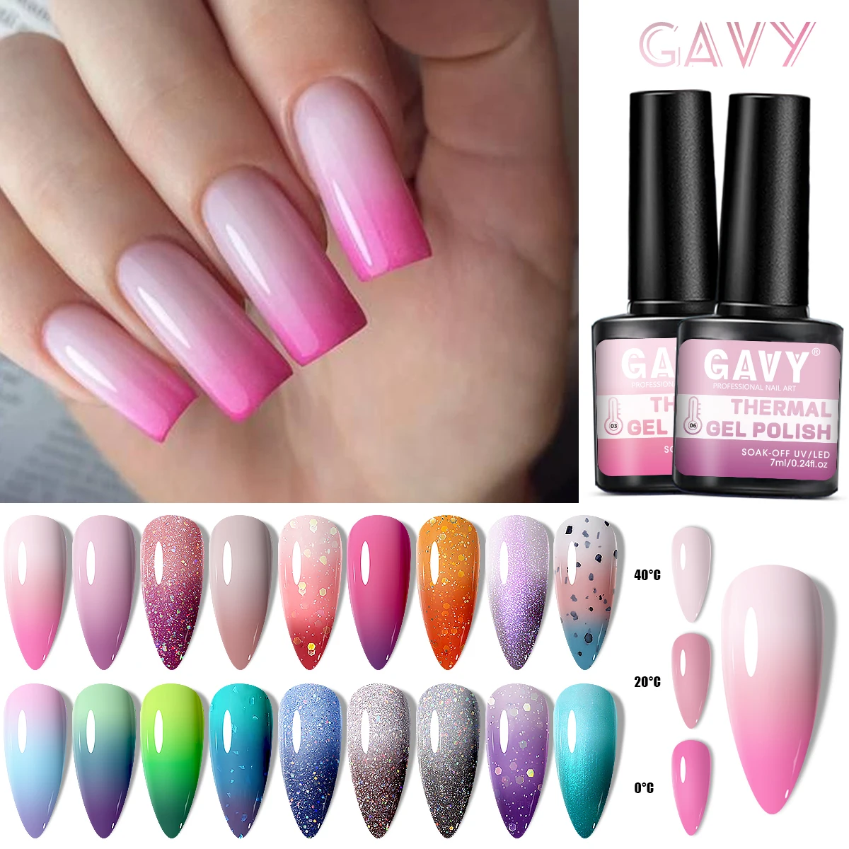 

GAVY 9 шт., 0,24 унции, термочувствительный набор гель-лаков для ногтей, меняющий цвет — оранжевый, розовый, т. д., подходит для дизайна ногтей и использования в салоне своими руками.