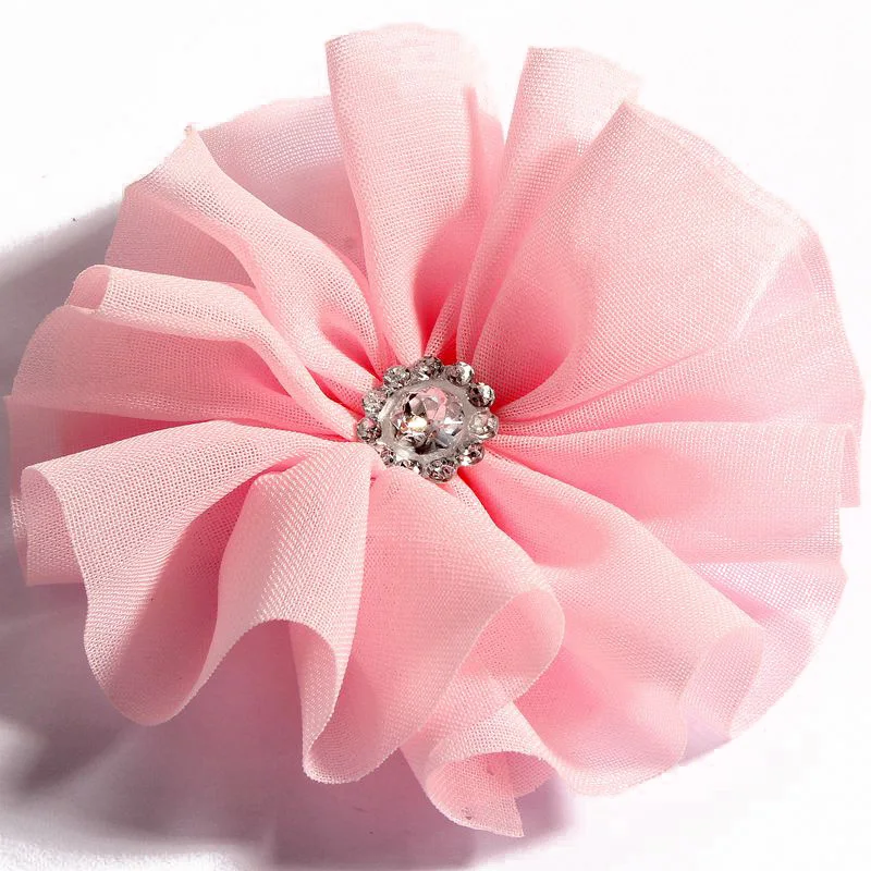 10pcs/lot)6.5CM 14 Colors Handmade Chic Chiffon Flowers Solid Ballerina Blossom Scalloped Flowers With Rhinestone Button Center