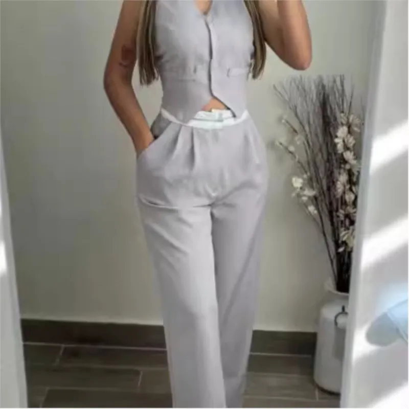 Elegant Two Piece Sets 2024 V-Neck Buttoned Vest Sleeveless Top & High Waist Pocket Straight Pant  Casual Streetwear Pants Set