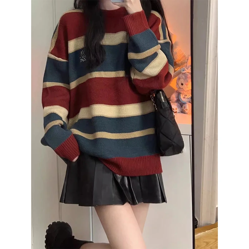 

Color Blo Striped Knit Sweater Women's Autumn Winter New Design Lazy Sle High End Soft Warm Knitted Top Sweet Sle