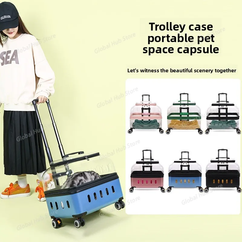 

Прозрачный рюкзак-переноска для домашних животных, портативный чехол на тележке для собак, удобная дышащая клетка для кошек, модный летный чехол с колесиками