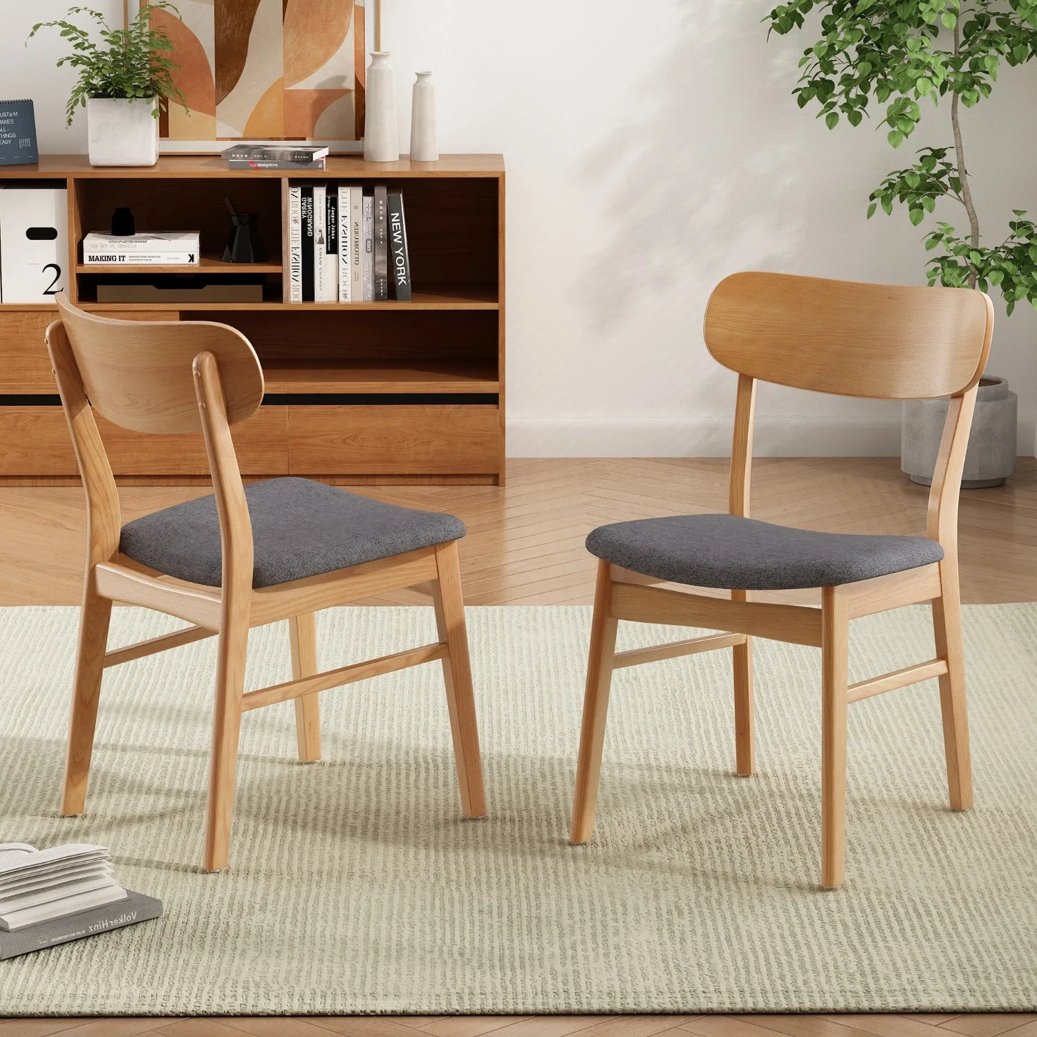 Set of 2 Dining Chairs - Fabric Cushioned Seat, Solid Rubberwood Legs Nordic Chair Fabric Upholstered Cafe Negotiation Chair