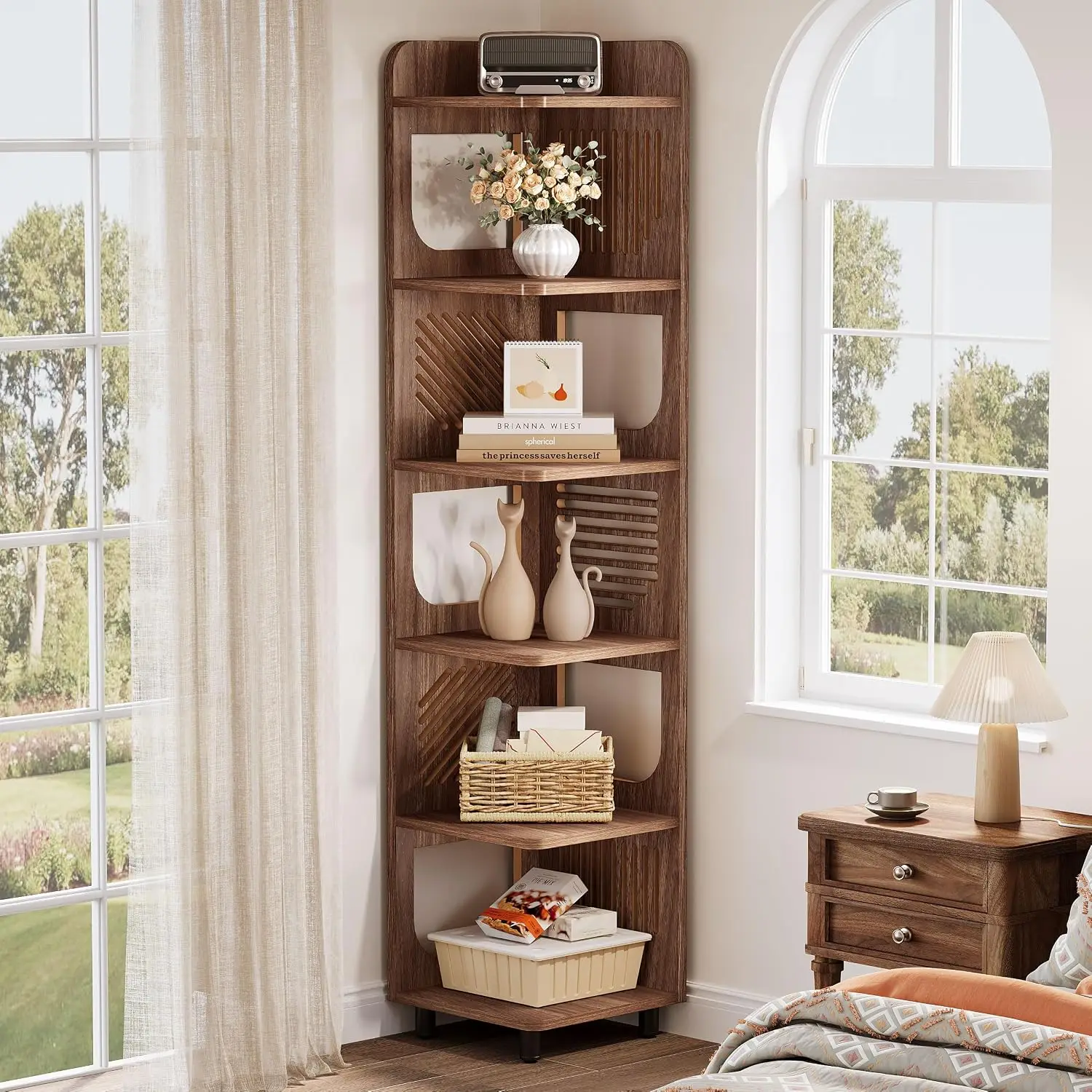 Rustic 6-Tier Tall Corner Shelf 71-Inch Narrow Bookshelf Square Rack Freestanding Display Storage for Living Room Kitchen Office