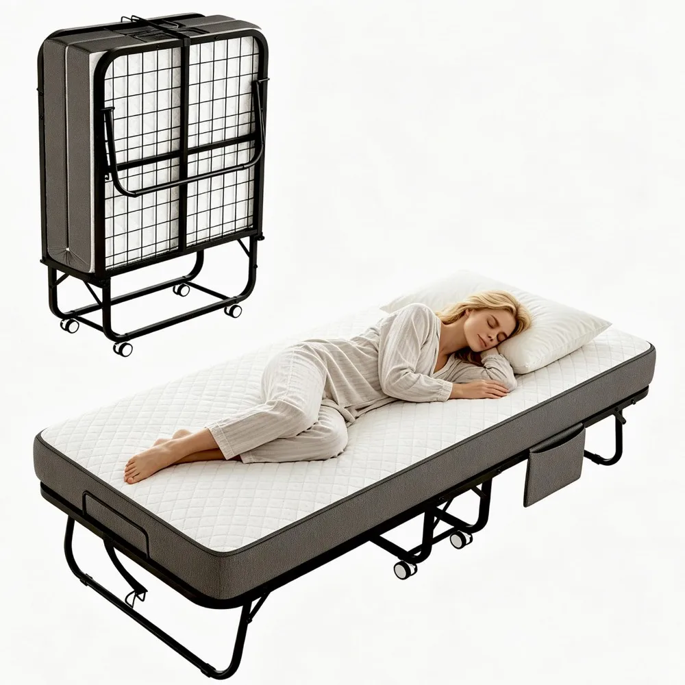 Folding Bed with Mattress, 75" x 31" Rollaway Bed with Memory Foam Mattress for Adults, Portable Foldable Guest Bed