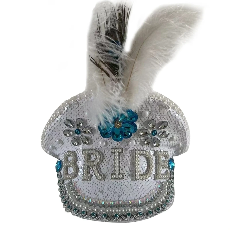 Y1UB White Sequins Bride Hat with Encrusted Pearls for Wedding Engagement Party