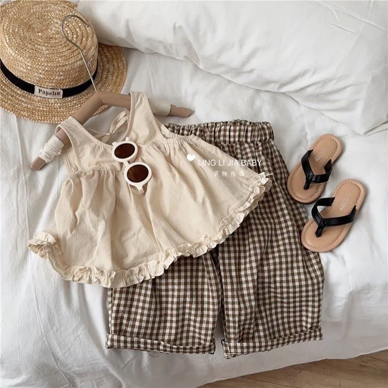 

Baby Summer Clothing Set New Children's Sleeveless Pure Cotton Top+Plaid Pants Two Piece Set 2 4 6 7 9Y