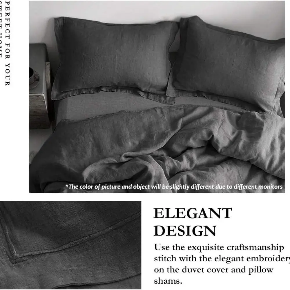 طقم غطاء لحاف من الكتان بحافة مطرزة - 3 قطع (غطاء واحد + 2 شمس)، زر إغلاق، مسامي، نمط المزرعة، رمادي داكن #2