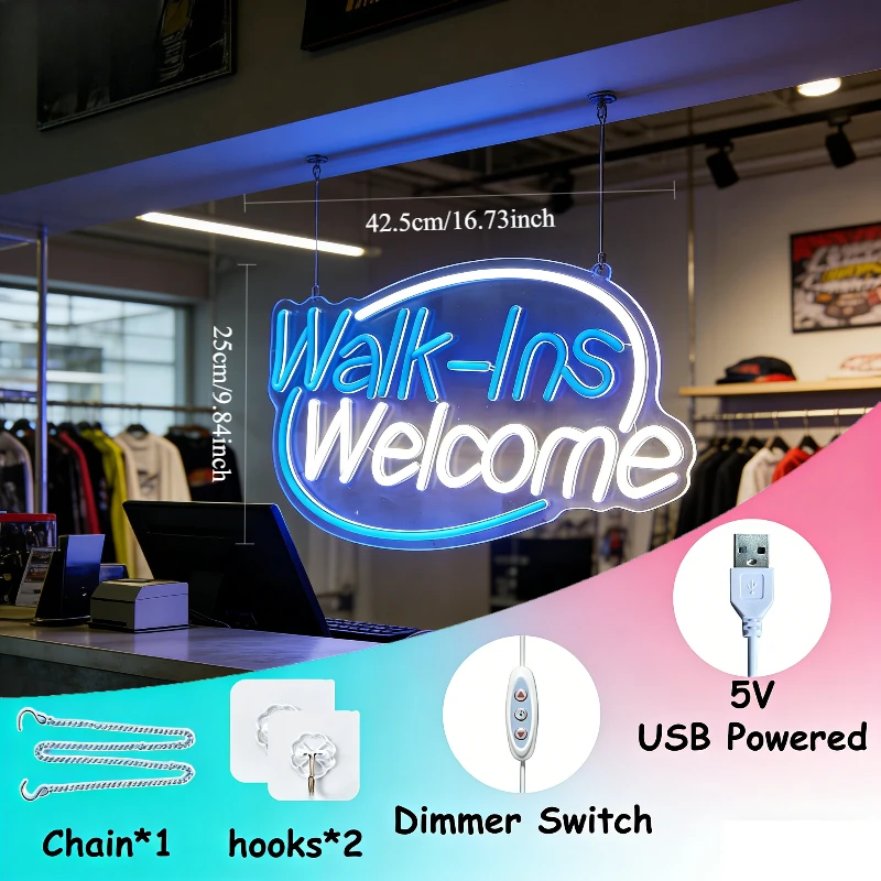 Walk Ins Welcome LED Neon Sign USB Dimmable Oval Wall Light for Salon Cafe Clinic Storefront Bar Men Cave Business Decor Lamp