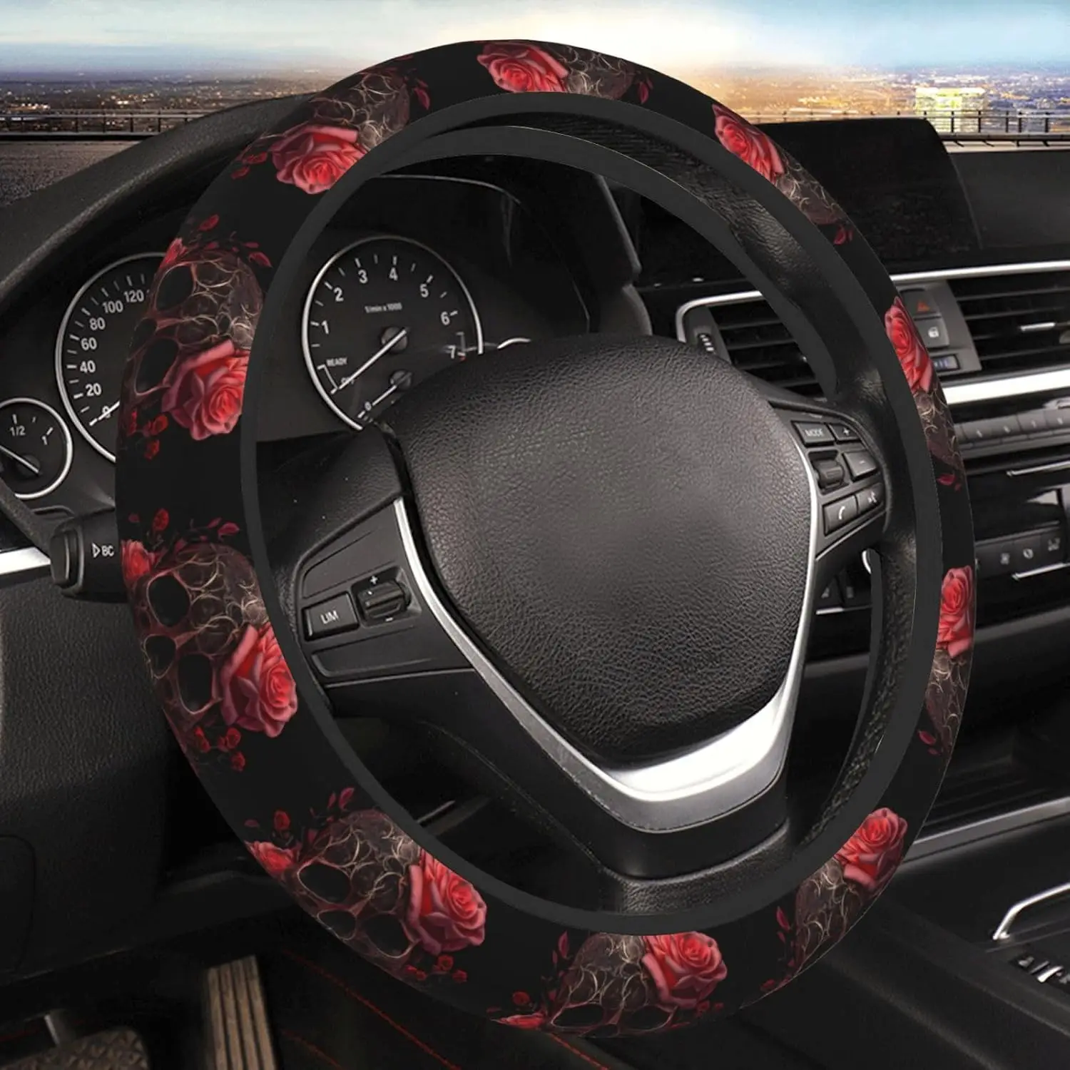 Gothic Rose Blood Skull Elastic Steering Wheel Cover Universal 15 Inch Car Steering Wheel Covers Car Accessories for Men Women