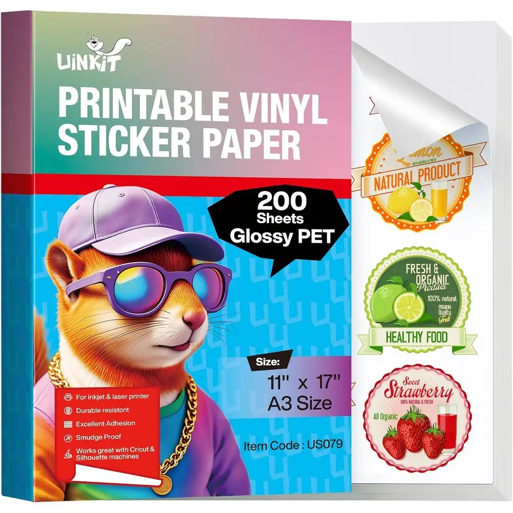 

Glossy PET Vinyl Sticker Paper, Waterproof Tear-Resistant, 11x17, 200 Sheets, for Menu Labels and Product Branding