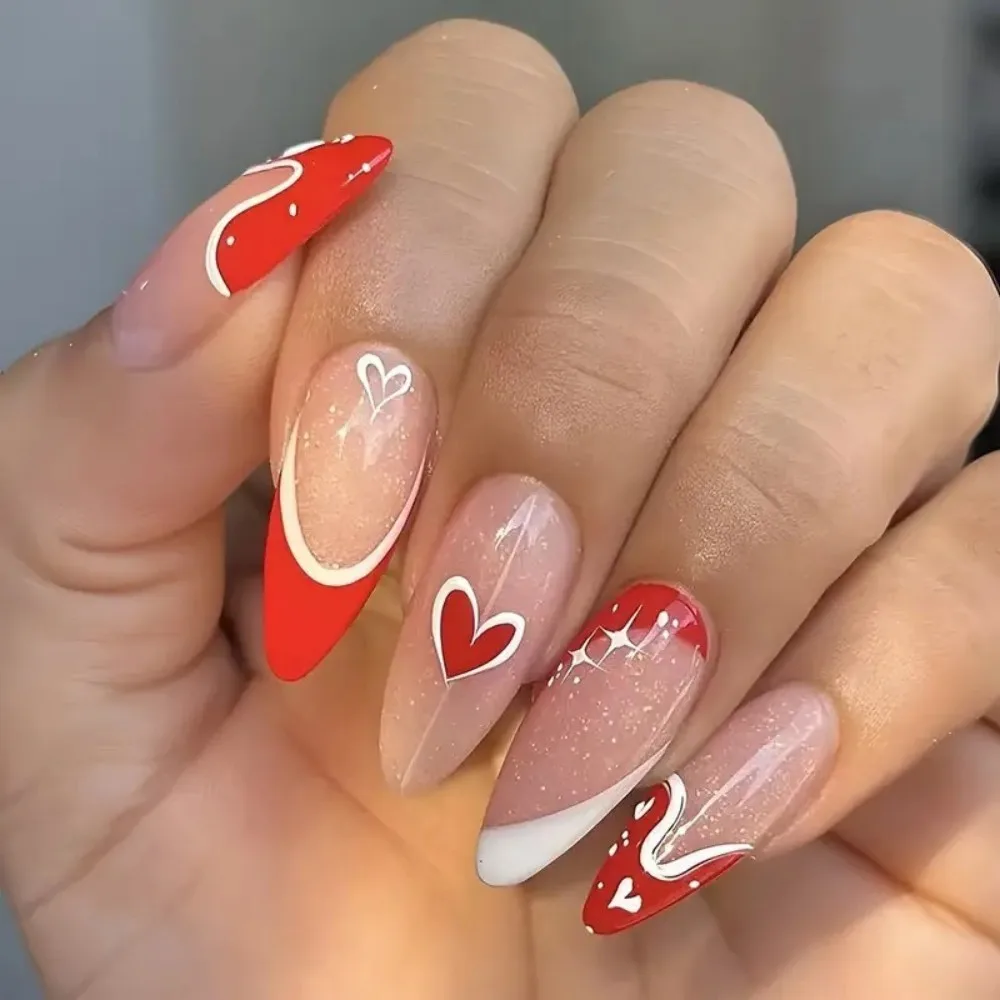 24pcs French Tip Press On Nails Nude Pink With White Heart & Glitter Long Almond Fake Nails Reusable False Nail Tips For Dating