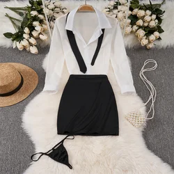 Sexy Transparent Long Sleeve Shirts And Blouses With Elastic Waist A-Line Mini Skirt Office Lady Cosplay Uniform Erotic Lingerie