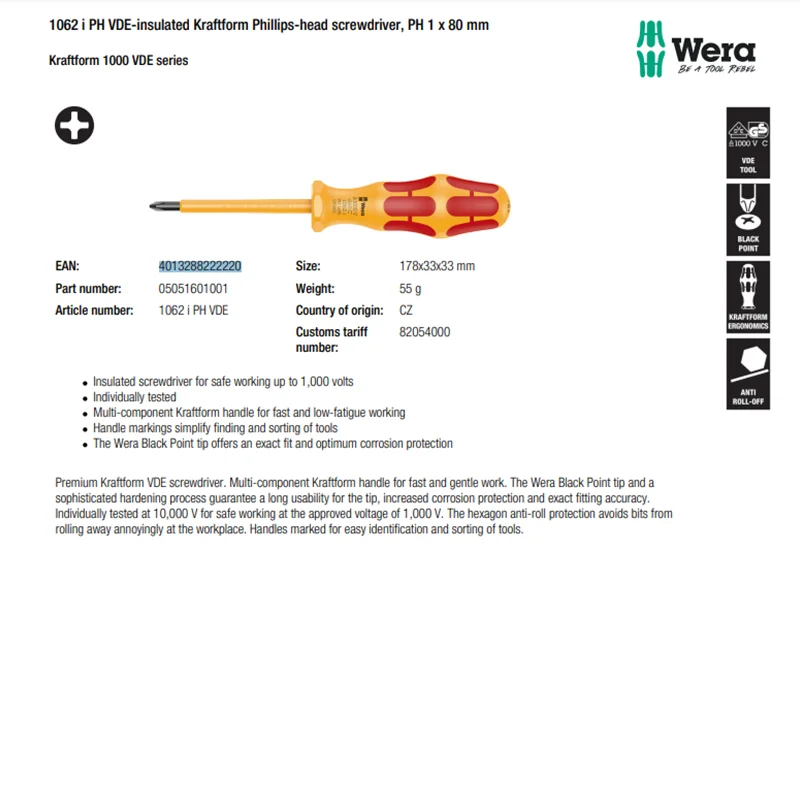 WERA 05051603001 1062 i PH VDE-insulated Kraftform Phillips-head Screwdriver PH2