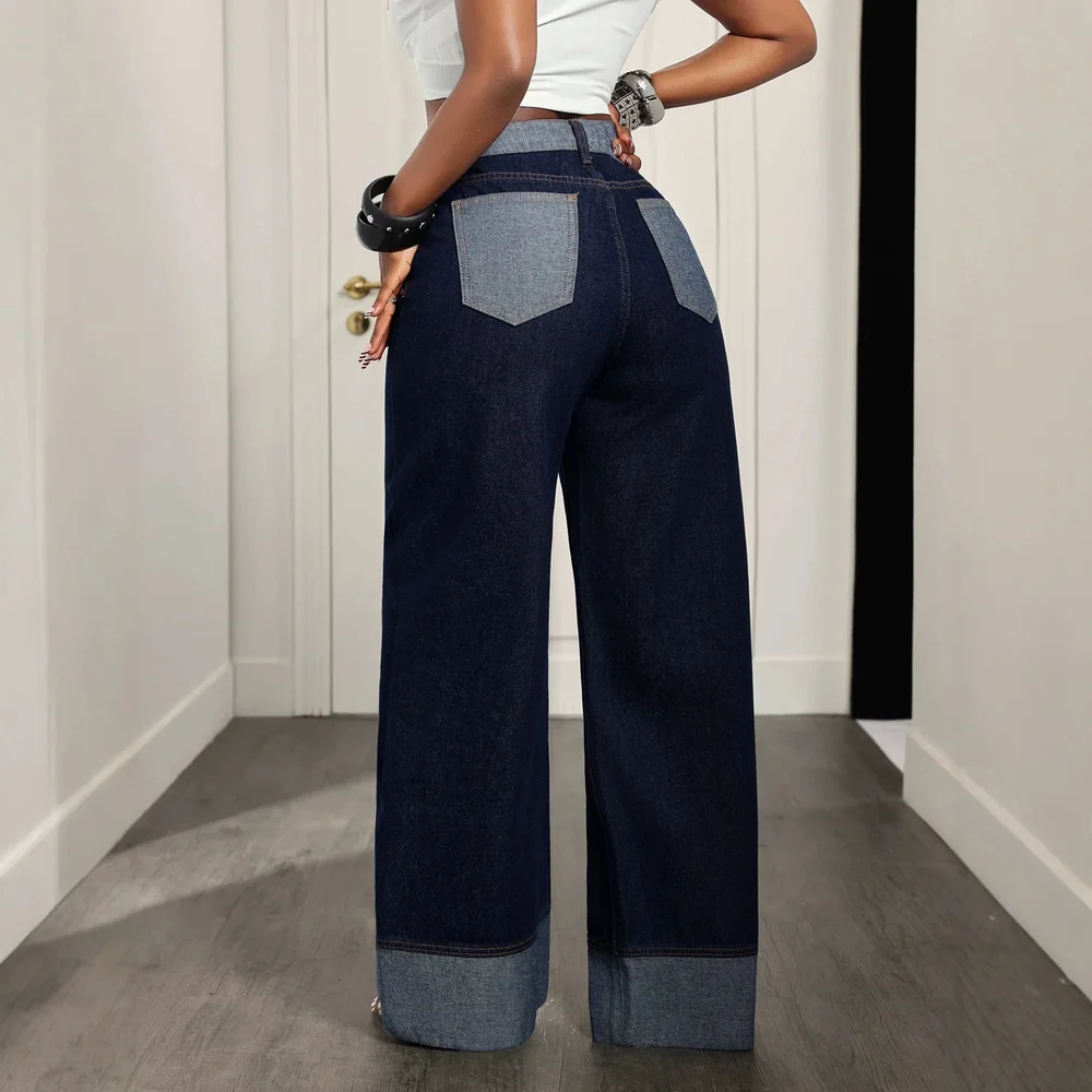 Women Retro Dark Wash Wide Leg Drape Jeans, High Waist Floor Sweeper Denim Pants With Contrast Waist & Roll Hem