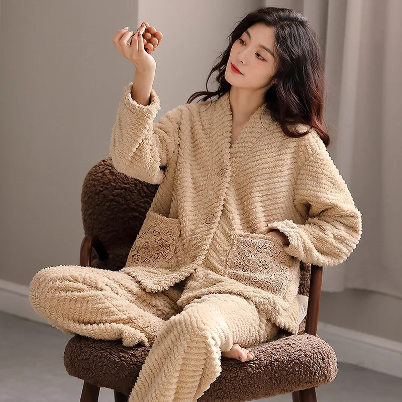 

Flannel Pajamas Sets Sleepwear Coral Fleece Home Clothes Lounge Wear Winter New Pyjamas Suits Women Nightwear 2pcs Shirt&Pants