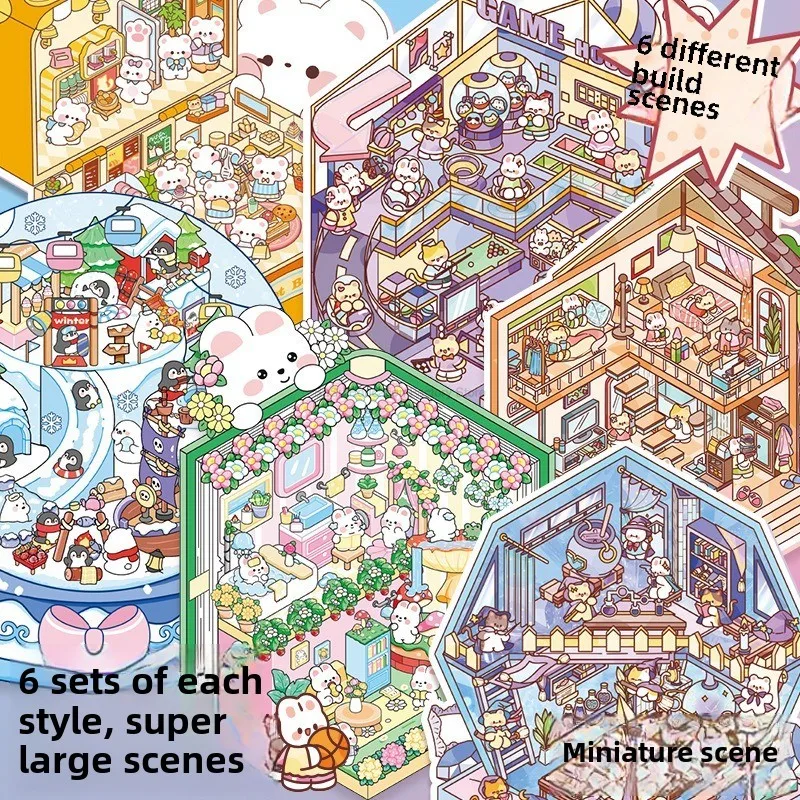 6Sences in Book Plus Size Cartoon 2.5D Landscape Sticker Game Collection Books DIY Festival Birthday Gift Present for Kid Child
