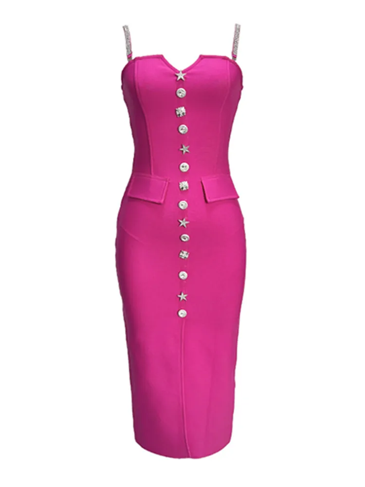 Kobiety Celebrity Sexy V Neck Backless Button Hot Pink Midi Bodycon Bandage Dress 2024 Elegancki wieczorowy strój klubowy na imprezę