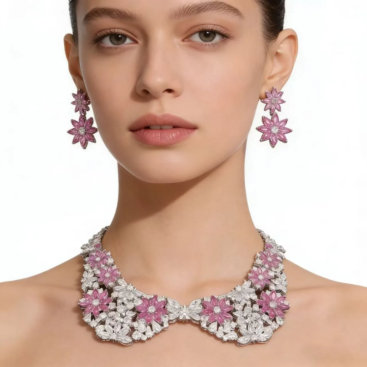 European and American Style New Gorgeous Colorful Flower Set Necklace Earrings Women's Wedding Holiday Jewelry Gift M-1010