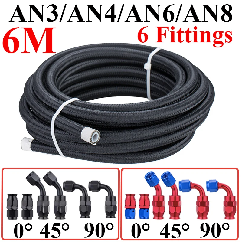 

6M AN3 AN4 AN6 AN8 E85 Nylon PTFE Fuel Hose Oil Gas Cooler Hose Line Pipe Tube 0 45 90 Degree Swivel Hose End Fittings Adaptor