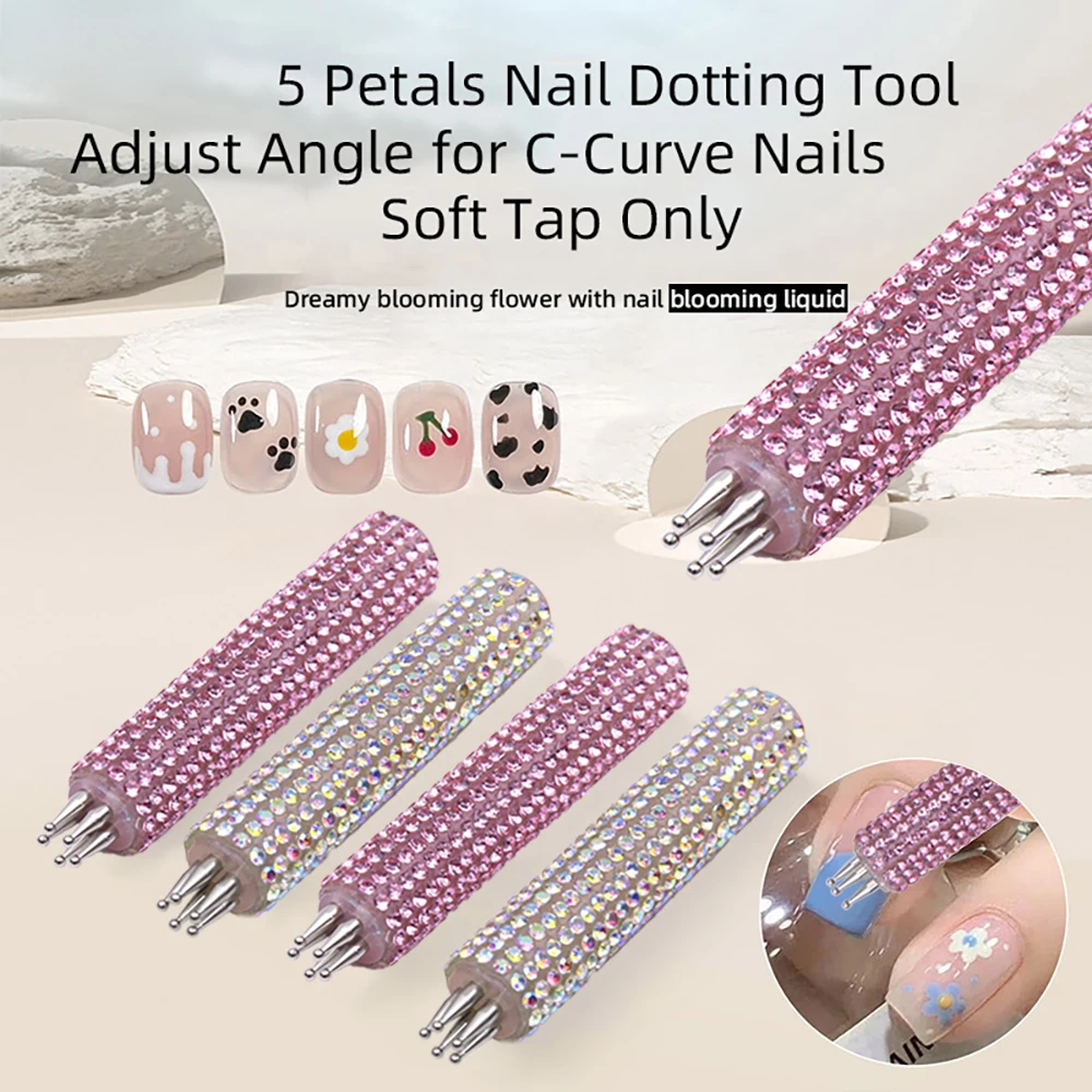 Pink AB Rhinestone DIY Nail Art 5-Petal Dotting Tool Flower Creator 1.8mm Fine Tip Manicure Nail Tools