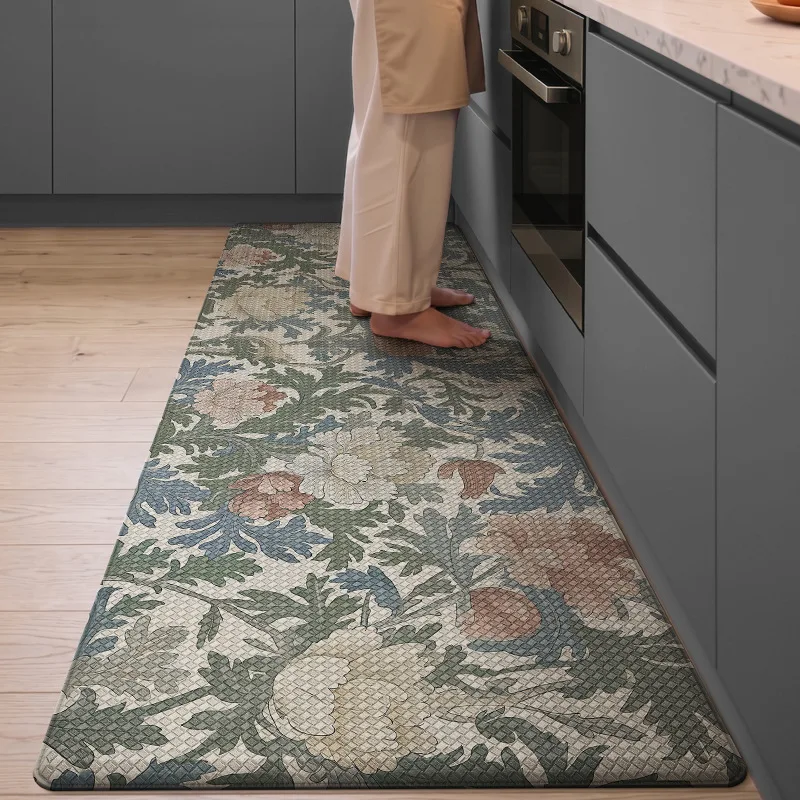 Vintage Floral PU Leather Kitchen Mat, Slow Rebound Foot Pressure Relief, Oil Proof, Wipe Clean Rug, Double Side Non-Slip Mats
