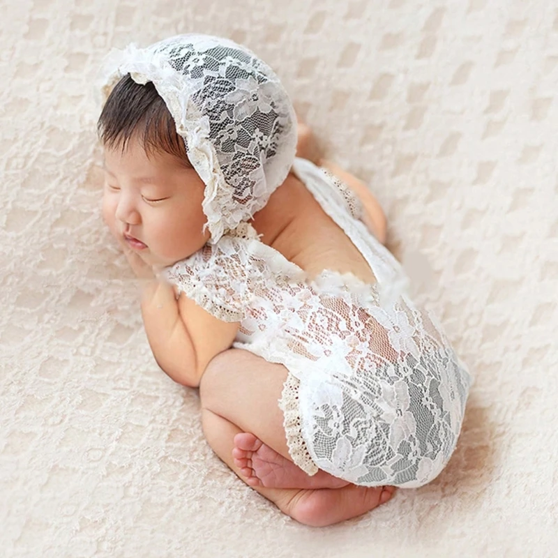 57EE Baby Lace Romper & Headband Set Newborn Photography Prop Costume Beautiful Lace Bodysuit with Elegant Ribbon Headwear