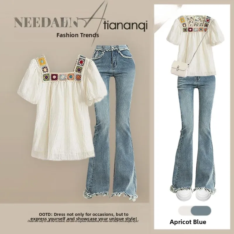 

Summer New Gentle Sle ort Sve T-irt And Slimming Denim Pants Two-Piece Set Soft Wind Casual Women's Faion Ensemble