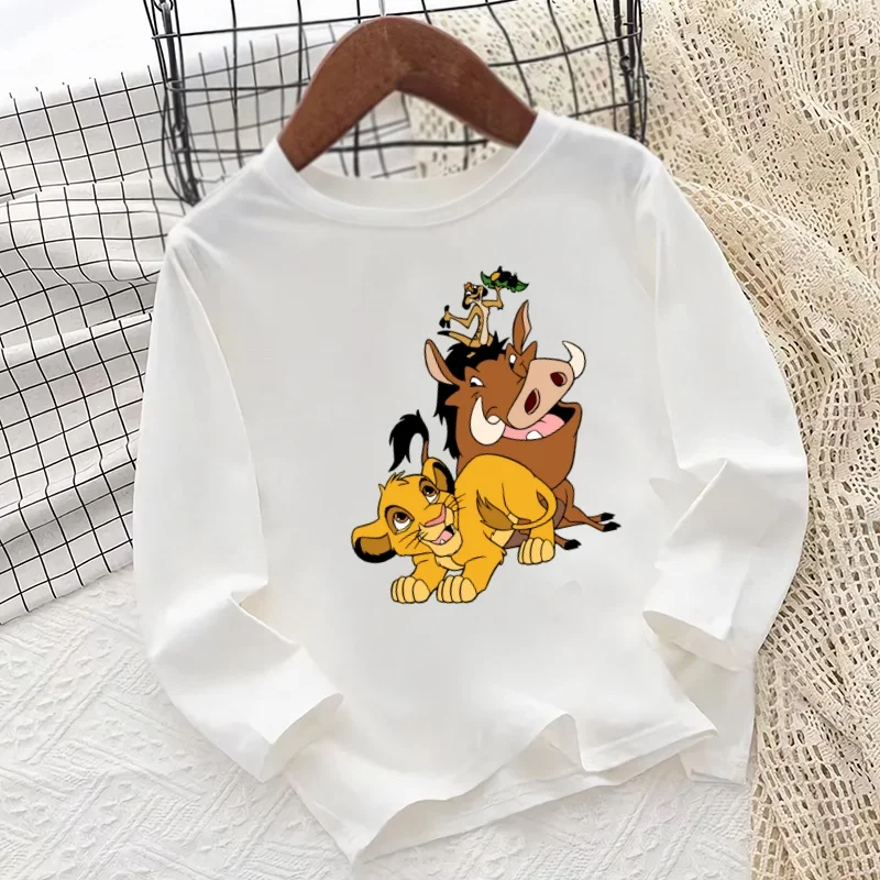 

Детская футболка с принтом «Король Лев» и милым изображением Симбы, осенняя одежда с длинными рукавами для маленьких мальчиков и девочек, повседневная детская белая футболка