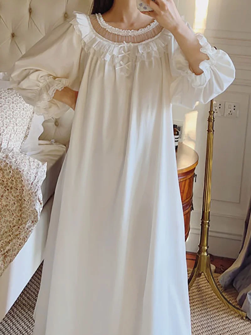 Fairy Victorian Nightwear Women Spring Delicate Lace Flower Long Sleeve Pure Cotton Vintage Princess Ruffles Pajamas Home Dress