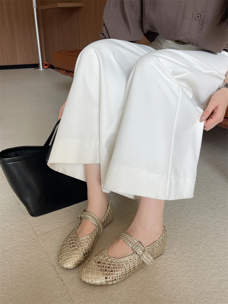 الذهب حذاء مسطح امرأة منخفضة الكعب مكتب مضخات الصيف السيدات مشبك أحذية الراحة Hollew خارج الباليه الشقق أسود حجم كبير 42 43 #4